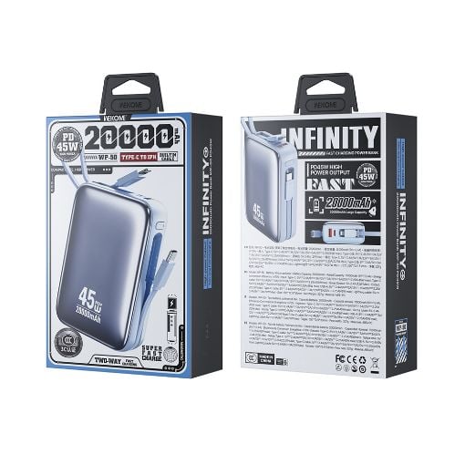 Εικόνα της Power Bank WK 20000mAh WP-50 USB-C/Lightning Built-In Cables 45W Blue