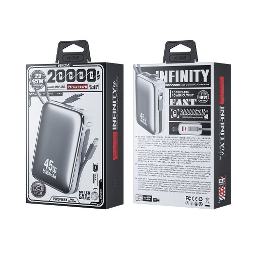 Εικόνα της Power Bank WK 20000mAh WP-50 USB-C/Lightning Built-In Cables 45W White