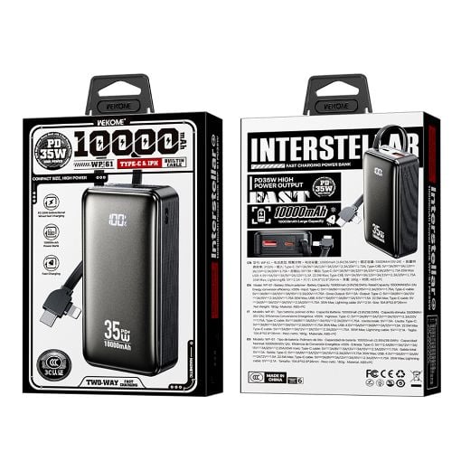 Εικόνα της Power Bank WK 10000mAh WP-61 USB-C/Lightning Built-In Cable 35W Black