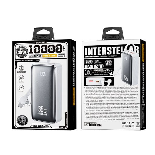 Εικόνα της Power Bank WK 10000mAh WP-61 USB-C/Lightning Built-In Cable 35W White