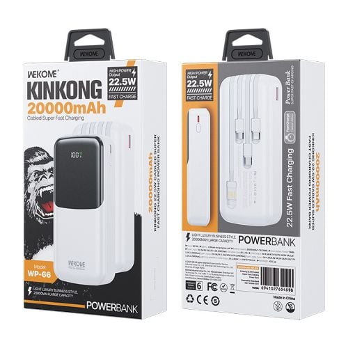 Εικόνα της Power Bank WK 20000mAh WP-66 USB-C/Lightning/Micro/USB Built-In Cables 22.5W White