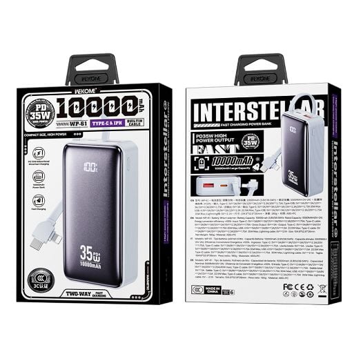 Εικόνα της Power Bank WK 10000mAh WP-61 USB-C/Lightning Built-In Cable 35W Blue