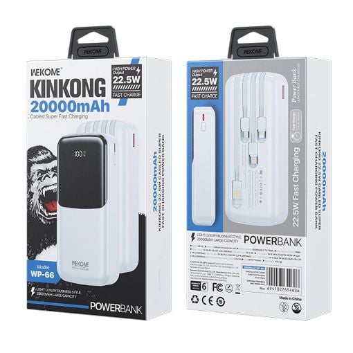 Εικόνα της Power Bank WK 20000mAh WP-66 USB-C/Lightning/Micro/USB Built-In Cables 22.5W Blue