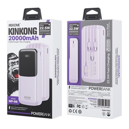 Εικόνα της Power Bank WK 20000mAh WP-66 USB-C/Lightning/Micro/USB Built-In Cables 22.5W Purple