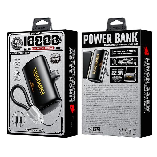 Εικόνα της Power Bank WK 10000mAh WP-113 με Καλώδιο USB-C/Lightning 22.5W Black