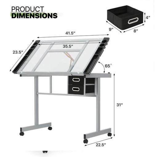 Εικόνα της Γραφείο Lamtech Crystal Drafting με 2 Συρτάρια 104x60x80cm Silver LAM980367