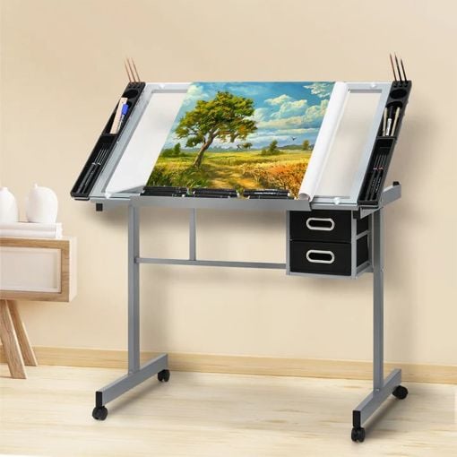 Εικόνα της Γραφείο Lamtech Crystal Drafting με 2 Συρτάρια 104x60x80cm Silver LAM980367