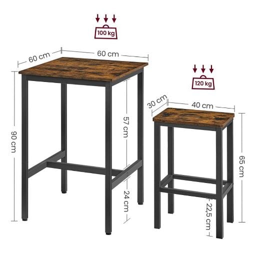 Εικόνα της Vasagle Σετ Τραπέζι Μπαρ & Σκαμπό 60 x 60 x 90 cm 3τμχ Brown/Black LBT017B01