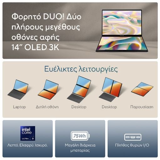 Εικόνα της Laptop Asus ZenBook Duo OLED UX8406CA-OLED-PZ068X 14" Intel Core Ultra 9-285H 32GB 2TB SSD Win11 Pro Inkwell Gray 90NB14X1-M00A40