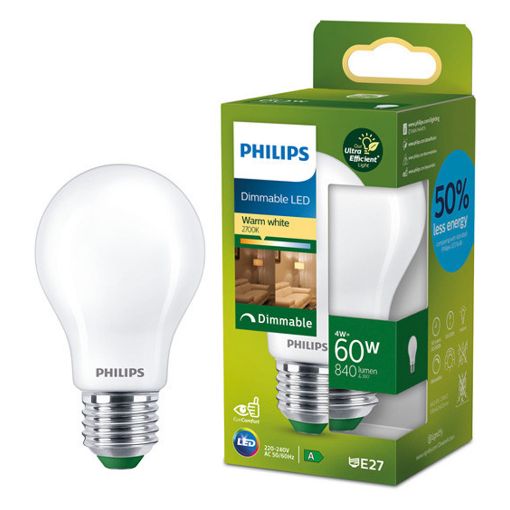 Εικόνα της Λάμπα LED Philips Ultra Efficient E27 A60 Dimmable 2700K 840lm 4W Warm White 929003800201