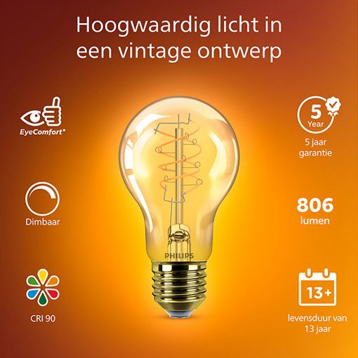 Εικόνα της Λάμπα LED Philips Vintage E27 A60 Dimmable 2200K 806lm 7.3W Extra Warm White 929004584701