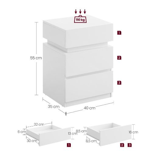 Εικόνα της Vasagle Ξύλινο Κομοδίνο LED με 3 Συρτάρια 35x40x55cm White LET630T10V1