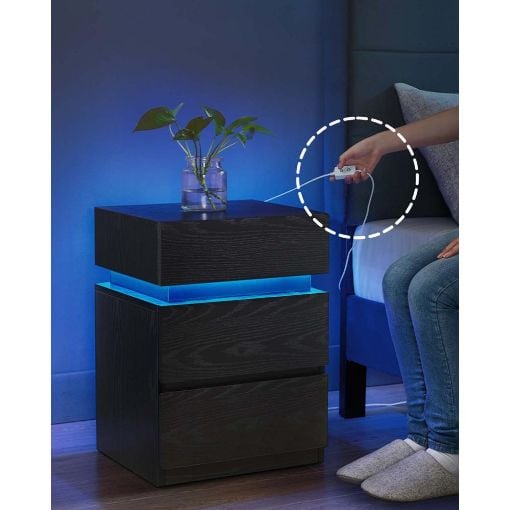 Εικόνα της Vasagle Ξύλινο Κομοδίνο LED με 3 Συρτάρια 35x40x55cm Black LET630T56