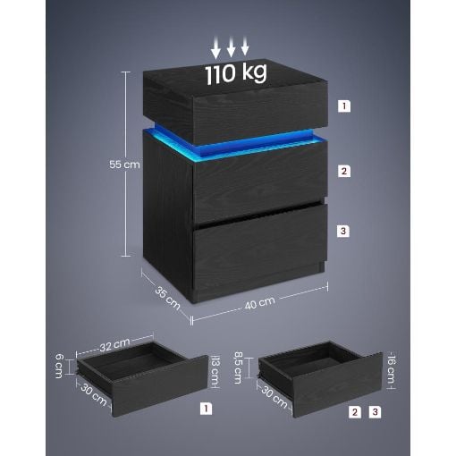 Εικόνα της Vasagle Ξύλινο Κομοδίνο LED με 3 Συρτάρια 35x40x55cm Black LET630T56