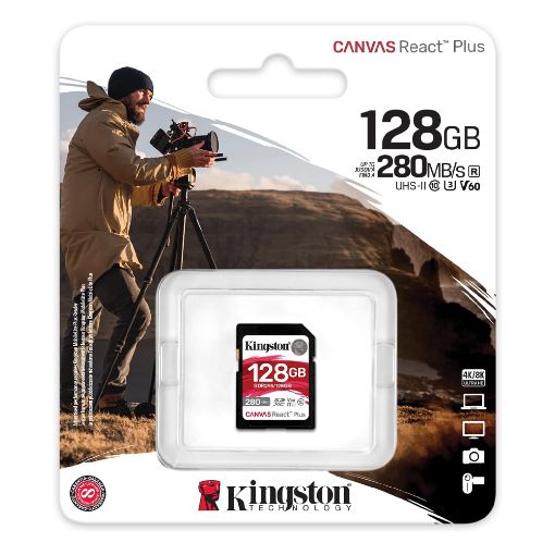 Εικόνα της Κάρτα Μνήμης SDXC Kingston Canvas React Plus 128GB Class 10 UHS-II U3 SDR2V6/128GB