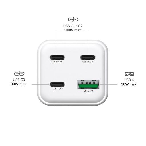 Εικόνα της Φορτιστής MediaRange 100W GaN 3x USB-C & USB-A με Καλώδιο 1.5m White MRMA124