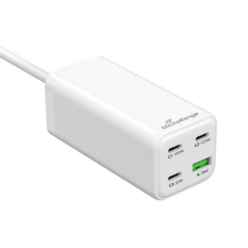 Εικόνα της Φορτιστής MediaRange 100W GaN 3x USB-C & USB-A με Καλώδιο 1.5m White MRMA124