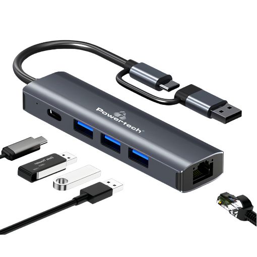Εικόνα της USB Hub Powertech 5-in1 USB-A/USB-C + RJ45 Grey PTR-0150