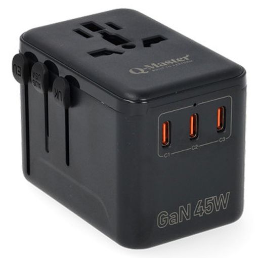Εικόνα της Αντάπτορας Πρίζας Ταξιδιού Q-Master Universal 1x USB-A & 3x USB-C GaN 45W Black PWR001BLK45W