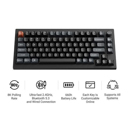 Εικόνα της Πληκτρολόγιο Keychron V1 Ultra 8K QMK/VIA Custom Wireless RGB Hot-Swappable Brown Switches (US) Black V1U-D3