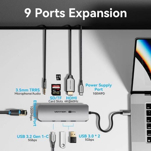 Εικόνα της Docking Station Vention 9-in-1 USB-C PD 4K 100W Gray TOMHB