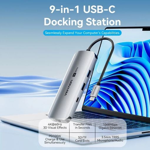 Εικόνα της Docking Station Vention 9-in-1 USB-C PD 4K 100W Gray TOMHB