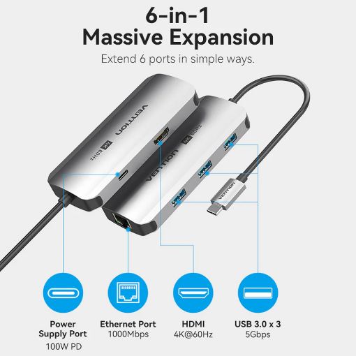 Εικόνα της Docking Station Vention 6-in-1 USB-C 4K Gray TOOHB