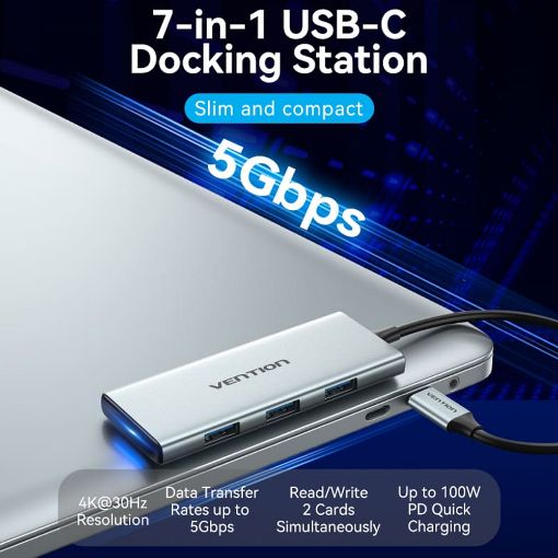 Εικόνα της Docking Station Vention 7-in-1 USB-C PD 4K 100W Gray TOPHB