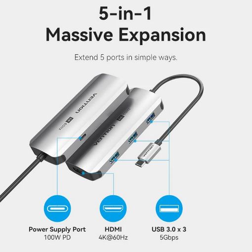 Εικόνα της Docking Station Vention 5-in-1 USB-C PD 4K 100W Gray TQDHB