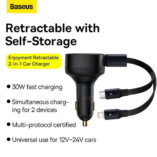 Εικόνα της Φορτιστής Αυτοκινήτου Baseus Enjoyment Retractable 2-in1 με Ενσωματωμένα Καλώδια USB-C/Lightning 30W Black CGTX000001