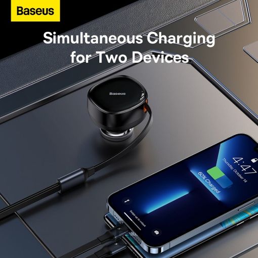 Εικόνα της Φορτιστής Αυτοκινήτου Baseus Enjoyment Retractable 2-in1 με Ενσωματωμένα Καλώδια USB-C/Lightning 30W Black CGTX000001