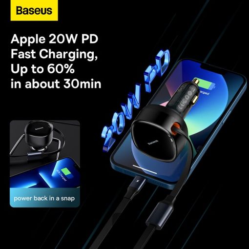 Εικόνα της Φορτιστής Αυτοκινήτου Baseus Enjoyment Retractable 2-in1 με Ενσωματωμένα Καλώδια USB-C/Lightning 30W Black CGTX000001
