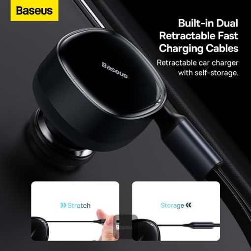Εικόνα της Φορτιστής Αυτοκινήτου Baseus Enjoyment Retractable 2-in1 με Ενσωματωμένα Καλώδια USB-C/Lightning 30W Black CGTX000001