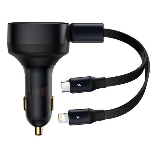 Εικόνα της Φορτιστής Αυτοκινήτου Baseus Enjoyment Retractable 2-in1 με Ενσωματωμένα Καλώδια USB-C/Lightning 30W Black CGTX000001