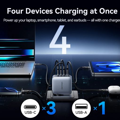 Εικόνα της Φορτιστής Vention GaN 3x USB-C & USB-A 100W με Καλώδιο USB-C 1m Gray TZ-FETH0-EU