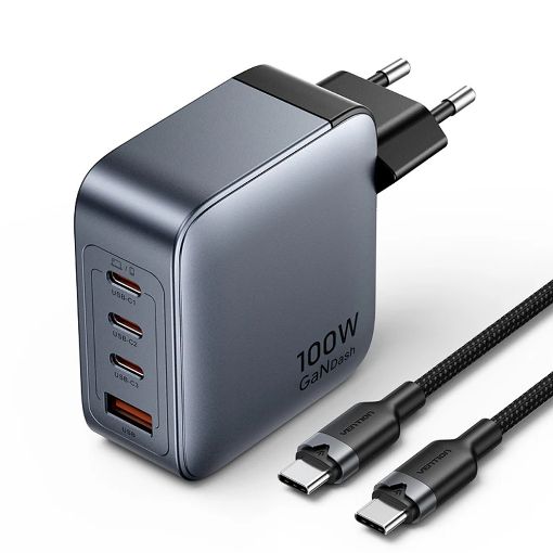 Εικόνα της Φορτιστής Vention GaN 3x USB-C & USB-A 100W με Καλώδιο USB-C 1m Gray TZ-FETH0-EU