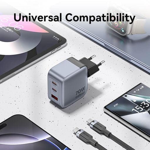 Εικόνα της Φορτιστής Vention GaN 2x USB-C & USB-A 70W/22.5W με Καλώδιο USB-C 1m Gray TZ-FEXH0-EU
