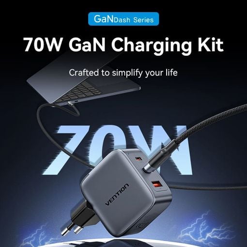 Εικόνα της Φορτιστής Vention GaN 2x USB-C & USB-A 70W/22.5W με Καλώδιο USB-C 1m Gray TZ-FEXH0-EU