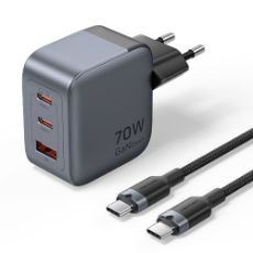 Εικόνα της Φορτιστής Vention GaN 2x USB-C & USB-A 70W/22.5W με Καλώδιο USB-C 1m Gray TZ-FEXH0-EU
