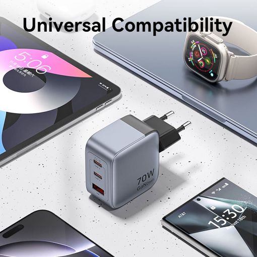 Εικόνα της Φορτιστής Vention GaN 2x USB-C & USB-A 70W/22.5W Gray FEXH0-EU
