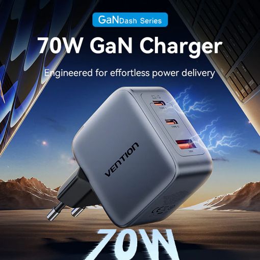 Εικόνα της Φορτιστής Vention GaN 2x USB-C & USB-A 70W/22.5W Gray FEXH0-EU