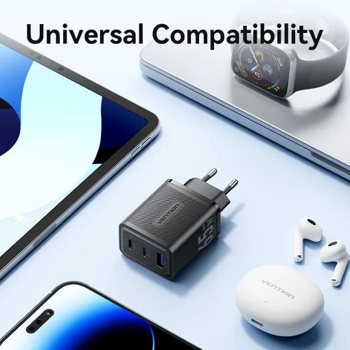 Εικόνα της Φορτιστής Vention GaN 2x USB-C & USB-A 65W/60W Black FERB0-EU