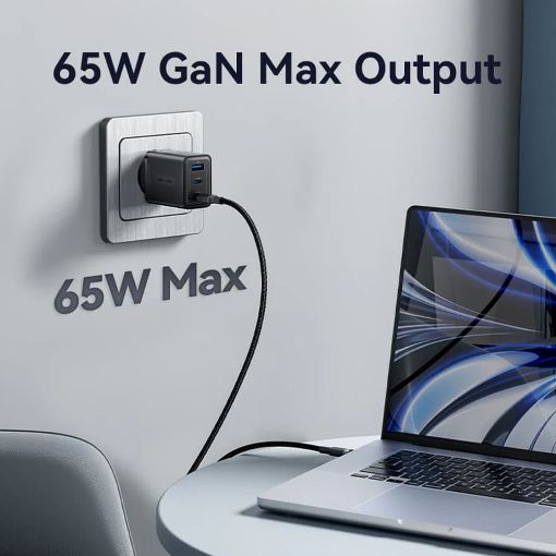 Εικόνα της Φορτιστής Vention GaN 2x USB-C & USB-A 65W/60W Black FERB0-EU