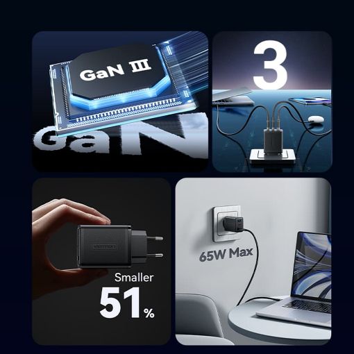 Εικόνα της Φορτιστής Vention GaN 2x USB-C & USB-A 65W/60W Black FERB0-EU