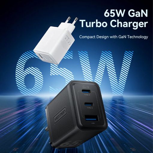 Εικόνα της Φορτιστής Vention GaN 2x USB-C & USB-A 65W/60W Black FERB0-EU