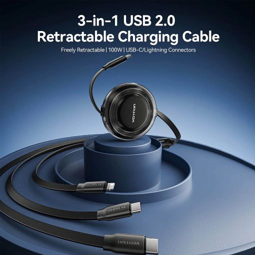 Εικόνα της Καλώδιο Vention 3-in-1 USB-C to 2x USB-C / Lightning 5A 100W Retractable 1.1m Blue TRKSBE