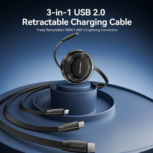 Εικόνα της Καλώδιο Vention 3-in-1 USB-C to 2x USB-C / Lightning 5A 100W Retractable 1.1m Purple TRKVBE