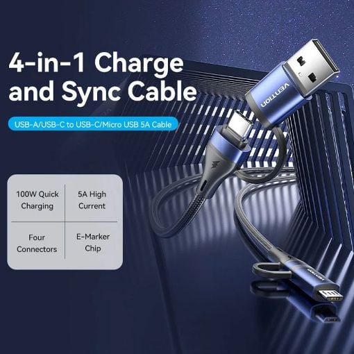 Εικόνα της Καλώδιο Vention USB-A / USB-C to USB-C / Micro USB 100W 1m Black/Blue CTLLF