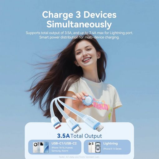 Εικόνα της Καλώδιο Vention 3-in-1 USB to 2x USB-C / Lightning 3.5A 17.5W Retractable 1.1m Purple TRJVBE