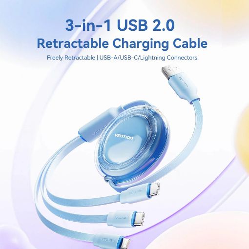 Εικόνα της Καλώδιο Vention 3-in-1 USB to 2x USB-C / Lightning 3.5A 17.5W Retractable 1.1m Purple TRJVBE